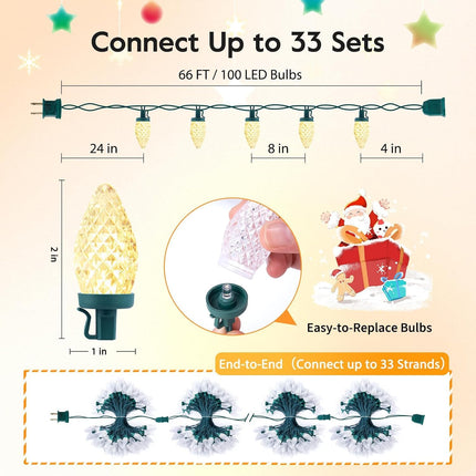 C9 LED Christmas String Lights, 66ft 100 LED Waterproof Strawberry String Lights, Plug-in Extendable Green Wire Lights String for Outdoor Indoor Outside Patio Wedding Party Decoration, Warm White