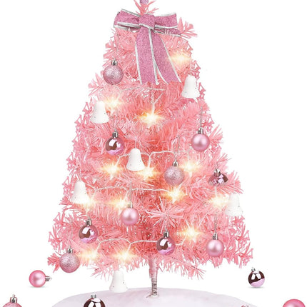 Mini Christmas Tree, 24 inch / 60 cm Artificial Small Christmas Tree with LED Lights/Decorations, Children's Desktop Christmas Tree Christmas Decoration s Christmas Tree Skirt (Pink)