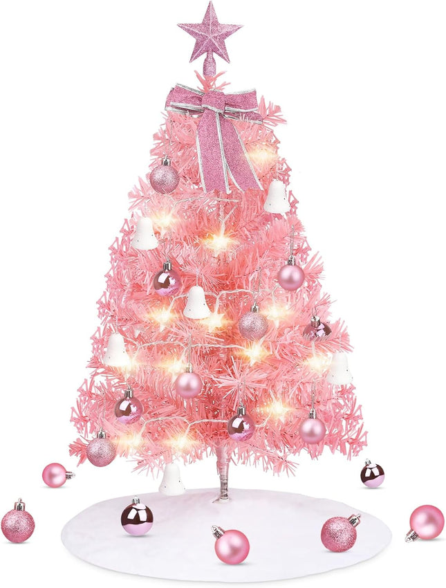 Mini Christmas Tree, 24 inch / 60 cm Artificial Small Christmas Tree with LED Lights/Decorations, Children's Desktop Christmas Tree Christmas Decoration s Christmas Tree Skirt (Pink)