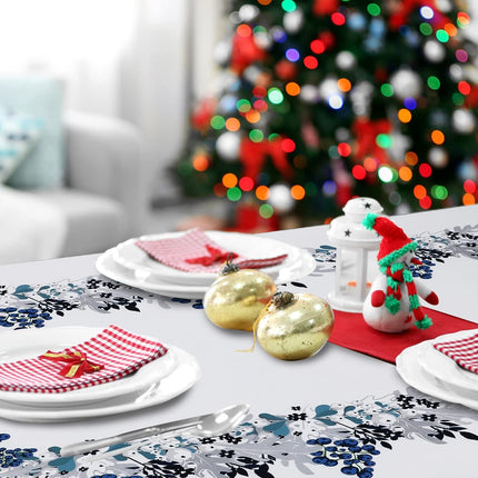 Peryiter Blue and White Christmas Tablecloth Blue Poinsettia Christmas Tablecloth Decorations Winter Reusable Xmas Plaid Bordered Fabric Table Cloth for Christmas Party(60 x 102 Inch)