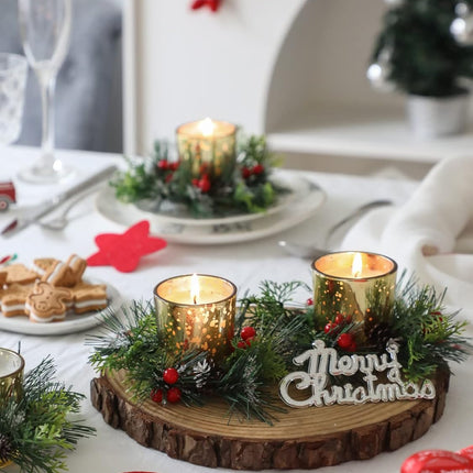Christmas Candle Ring, 4 Pcs Votive Candle with Red Berry Pinecone, Xmas Ring Candle for Table Centerpiece Decoration Wedding Holiday,Gold