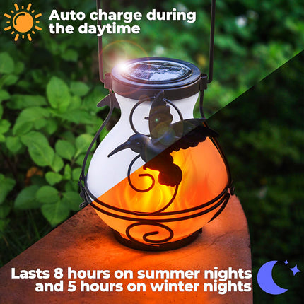 2 Pack Solar Flickering Flame Lights,Outdoor d Solar Metal Lantern for Hanging Solar Powered Waterproof LED Flame Glass Lanterns for Patio Garden Christmas Halloween Decorations