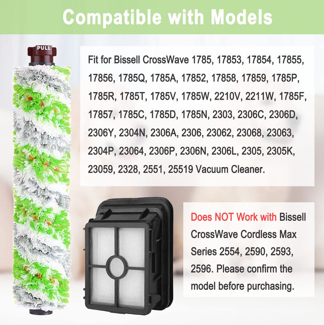 8 Pack Parts For Bissell Crosswave Pet Pro 2306A & Crosswave 1785 Series Vacuum Cleaner, 4 Pack 2460 Brush Rolls, 4 Pack 1866 Filters, Compare To Part 1613568&1613568, 1608684
