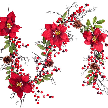 DearHouse 5.3 Ft Berry Christmas Garland, Artificial Poinsettia Garland with Red Berries and Holly Leaves, Pine Cone Garland for Winter Holiday Year Decor