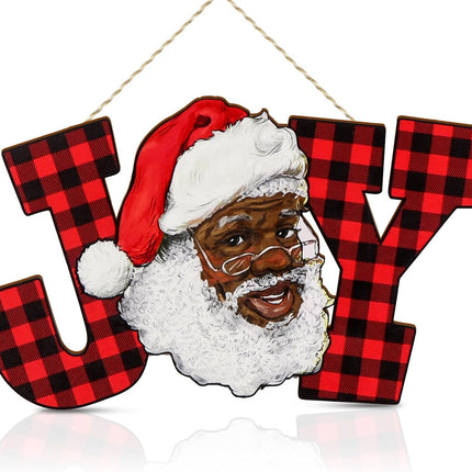 Black Santa African American Christmas Decorations Joy Letter Sign Red Buffalo Plaid Wood Joy Wall Hanging Xmas Wooden Letter Ornaments for Holiday Indoor Outdoor Home Decoration