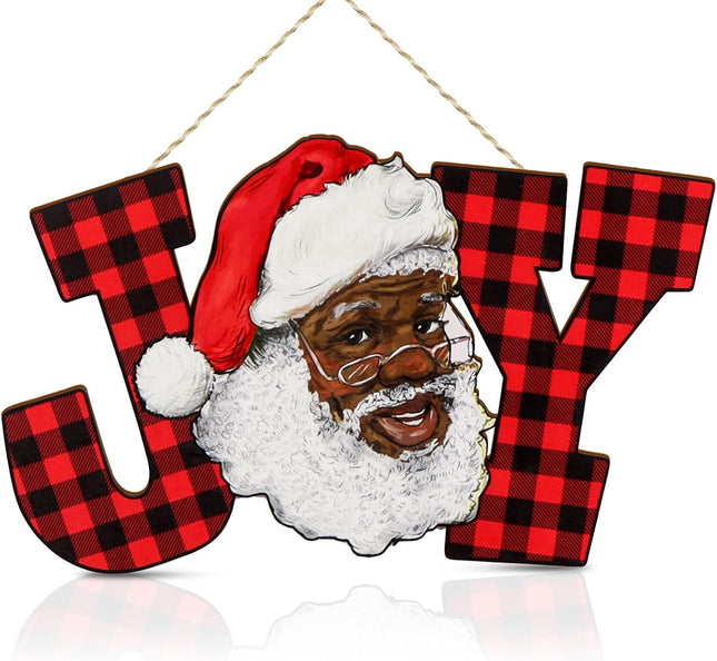 Black Santa African American Christmas Decorations Joy Letter Sign Red Buffalo Plaid Wood Joy Wall Hanging Xmas Wooden Letter Ornaments for Holiday Indoor Outdoor Home Decoration