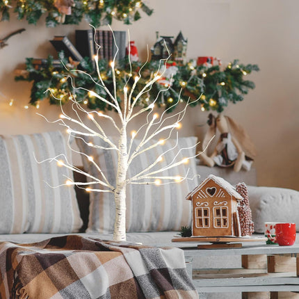 Lighted Birch Tree for Christmas Decorations 2FT Tabletop Light up Birch Tree with 24 LED Lights Mini Christmas Tree Decor for Indoor Home Table Decor Battery Operated (Warm White, Timer)