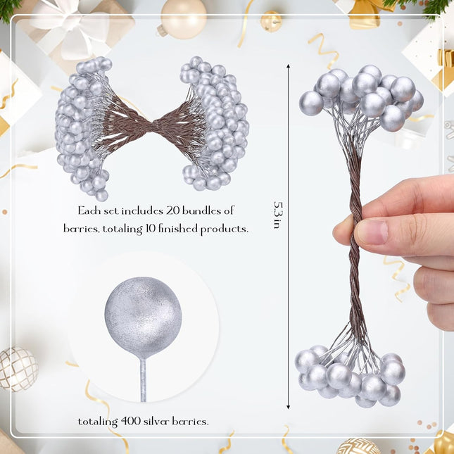 SallyFashion 200PCS Christmas Glitter Berries Stems, 5.3" Silvery Berry Stems for Christmas Tree Ornaments Artificial Christmas Picks for DIY Xmas Wreath Crafts Holiday Home Decor
