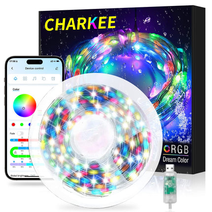 CHARKEE 50ft RGB-IC LED Fairy Lights for Bedroom, 150 LED String Lights Indoor with APP, Twinkle Fairy Lights USB Plug in, Chasing Effect Music Sync Outdoor,Party, Wedding,Christmas Lights Decoration