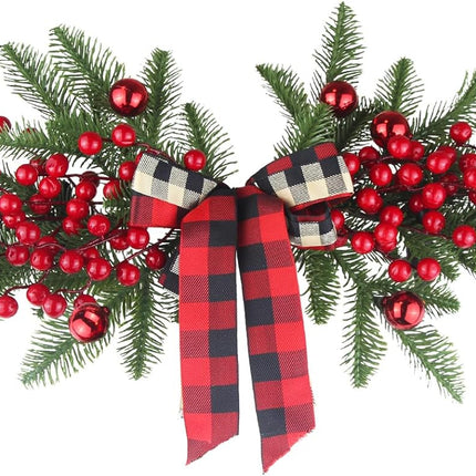 Christmas Swag Decoration Floral Swag with Berries and Ribbon Bows Christmas Balls 27.56 Inch Greenery Christmas Swag Xmas Door Swag for Front Door Festival Decor Wall Arch Window