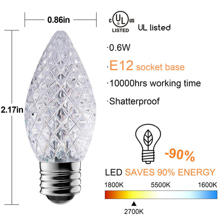 C7 Led Replacement Christmas Light Bulbs, 25-Pack C7 Shatterproof Led Bulbs with E12 Candelabra Base for Christmas String Lights, Waterproof & Dimmable Christmas Village Bulbs - Warm White