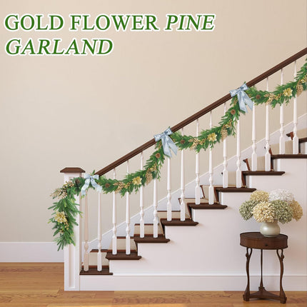 Norfolk Pine Garlands with Gold Flowers, 6Ft Artificial Christmas Pine Garland, Real Touch Greenery Garland for Table, Mantle, Staires, Premium Indoor/Outdoor Christmas Decorations.