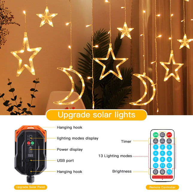 Techip Solar String Lights Outdoor Waterproof with USB Port & Remote Control Solar Power Star Moons Lights Dimmable 138LED for Patio Porch Garden Balcony Tent Decor