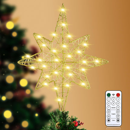 Christmas Star Tree Topper, Lighted Bethlehem Star Tree Topper 40 LED Lighted with Remote Control 8 Mode Lighting for Indoor Home Decor, Gold