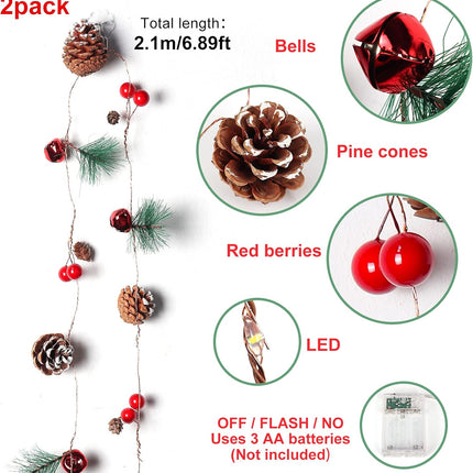 Christmas Garland with Lights 2PCS Pine Cones Red Berry Garland String Lights 6.5FT 20 LED Fairy Pinecone Lights for Fireplace Mantle Winter Xmax Tree Party Indoor Outdoor Decorations(2 Pcs)