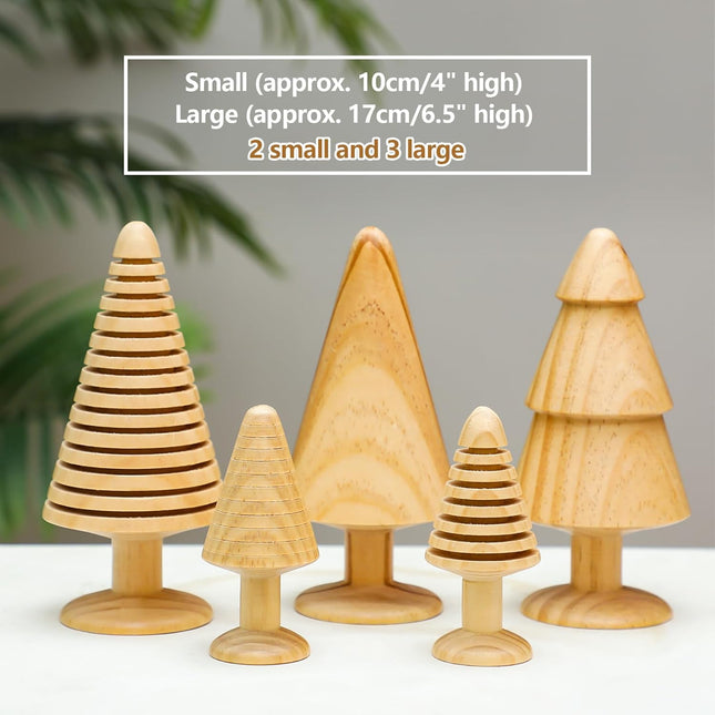 5 Pcs Large Vintage Wooden Christmas Tree Farmhouse Handmade Wood Christmas Trees 6.5inches and 4inches Rustic Christmas Trees Set Xmas Table Centerpiece Figurines for Table Decoration
