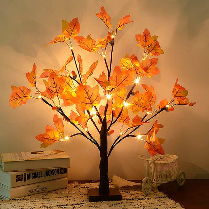 STEFORD 22 Inches Artificial Fall Lighted Maple Tree with 24 LED Lights Battery Operated Autumn Tabletop Light Up Maple Leaf Tree for Thanksgiving Autumn Harvest Indoor Home Decorations