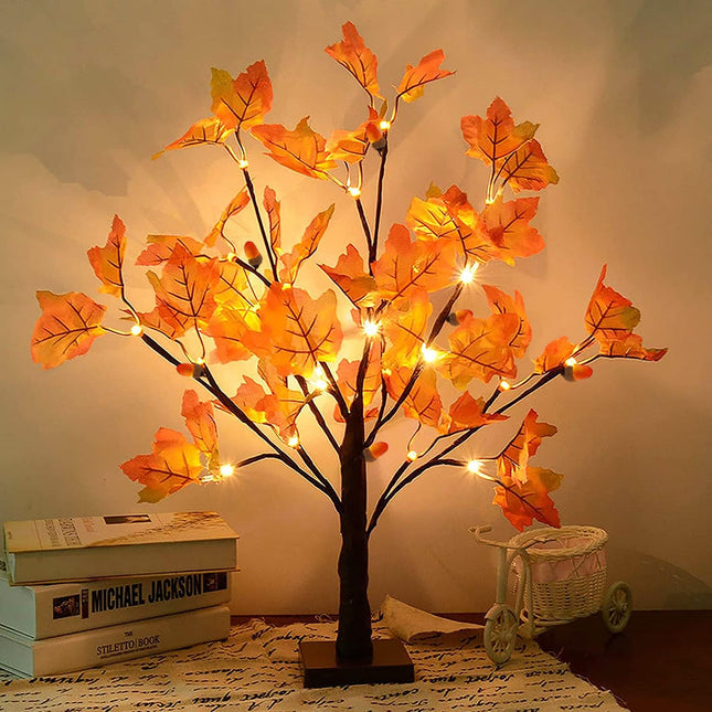 STEFORD 22 Inches Artificial Fall Lighted Maple Tree with 24 LED Lights Battery Operated Autumn Tabletop Light Up Maple Leaf Tree for Thanksgiving Autumn Harvest Indoor Home Decorations
