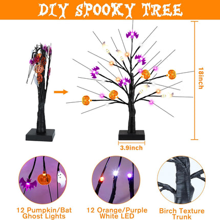 [Timer] 2 Pack 18" Black Halloween Tree, 48 LED Spooky Lighted Halloween Table Decor with Pumpkin Bat Ghost Lights, USB/Battery Operated Halloween Decorations Indoor Birch Tree for Home Party Mantle