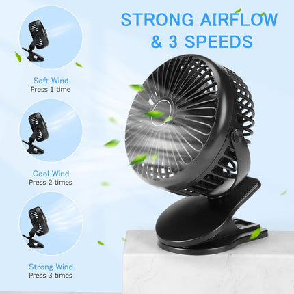 Clip Fan 5000Mah Rechargeable Battery Mini Fan With Clip On Fan Sturdy Clamp 3 Speeds Portable Tent Camping Fan Handheld Small