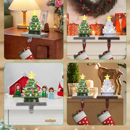 Ceramic Christmas Tree Stocking Holders for Mantle, Set of 2 Christmas Tree Stocking Hangers with LED Light for Fireplace, Green White Christmas Tree Stocking Hangers for Window Christmas Decoration