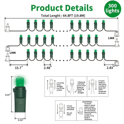 Green Wide Angle LED Christmas Lights, 64.8 Ft 300 Count, Pack of 3 Strands 21.9 Ft 100 Lights UL Commercial Grade Green Wire 5mm Holiday String Light