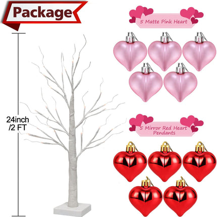 Valentines Day Decorations 24 Inch Lighted Birch Tree with 10pcs Red Pink Heart Hanging Ornaments, Battery Powered Valentine Tree with 24 LED Lights for Home Indoor Party Wedding Decor (2 Pack)