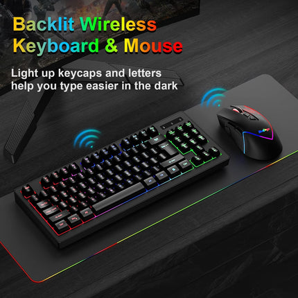 Wireless Gaming Keyboard and Mouse Combo, Long Lasting Rechargeable Battery 87 Keys RGB Rainbow Backlit Gaming Keyboard & Ergonomic Light Up Gaming Mice for Mac Laptop Computer PC Gamer