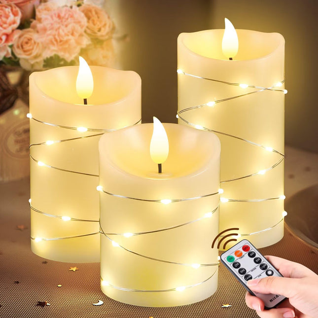 Palmatte 3PCS Fall Christmas Flameless Candles with Remote Timer String Lights 3D Flame, Electric Battery Operated Candles Flickering Fake Led Pillar Candles Fall Decorations for Home Table Room Decor