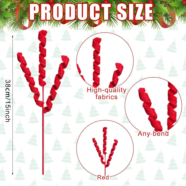 16 Pcs Christmas Tree Curly Picks Ornaments 15'' Fabric Holiday Xmas Picks Decorative Sprays for Xmas Tree, Wreath, Garland Craft Home Holiday Vase Filler Xmas Party Decor(Red,Solid Color)