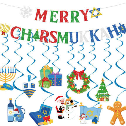 Merry Chrismukkah Party Decorations - 12 Pcs Christmas Hanukkah Mixed Banner Decorations Chanukah Dreidel Xmas Garland Ceiling Decor Christmas Hanukkah Decor for Home Holiday Party Supplies