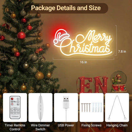 Merry Christmas Neon sign with Timer Remote, Warm White Red LED Christmas Neon Light for Christmas Decoration, Bedroom, Living Room, Home Decor Christmas Party Year Event Area