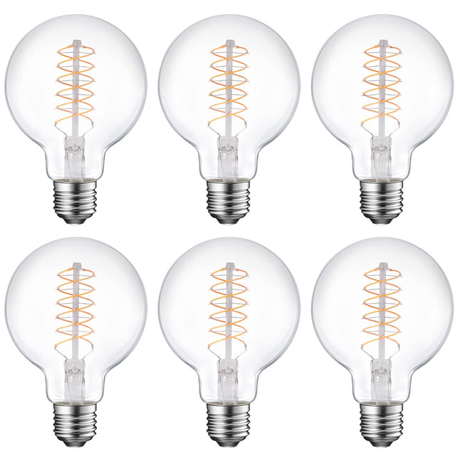 E ENERGETIC LIGHTING Dimmable LED Edison Light Bulb, G25 Globe Antique Flexible Spiral LED Filament Light, 8W Equivalent 60W, 2200K Warm Light, 500LM, Decorative Christmas Light, E26, UL, 6-Pack