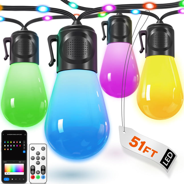 Smart Outdoor Patio Lights, 51FT RGB DIY String Lights for Outside, Work with Alexa Google Assistant, Waterproof Color Changing with Remote & App, for Home Decor, Christmas Decorations