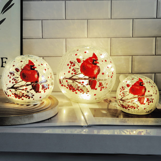 Crackle Glass Ball Cardinal Lamp, Light Up Red Bird Stained Glass Christmas Decor Accent Lamp, Lighted Globe Glass Table Lamp, Orb Cardinal Night Light, Mother's Day s, Led Sphere Desk Lamp
