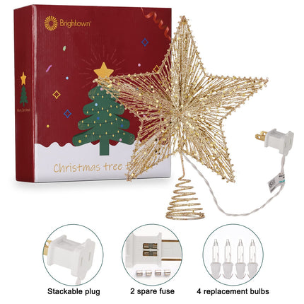 Christmas Star Tree Topper, Plug in 3D Star Tree Topper, 11”Golden Glittered Metal Hollow Designed Built-in 10 Bulbs String Lights for Christmas Tree Decorations