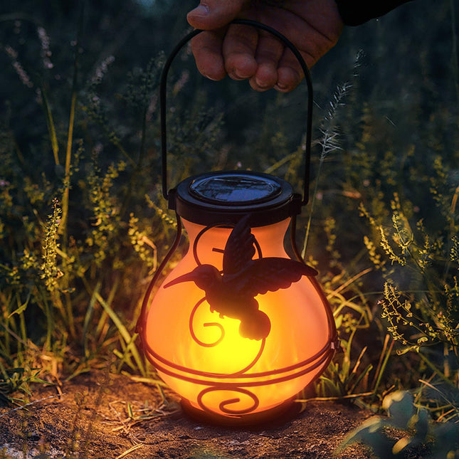 2 Pack Solar Flickering Flame Lights,Outdoor d Solar Metal Lantern for Hanging Solar Powered Waterproof LED Flame Glass Lanterns for Patio Garden Christmas Halloween Decorations