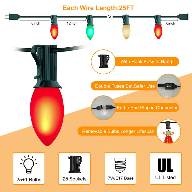 C9 Christmas Lights Outdoor, 25Ft Red Green White Christmas Decorative String Lights with 26 Multicolored Ceramic Bulbs(1 Spare), Commercial Vintage Christmas Lights for Holiday Xmas Roofline Wedding