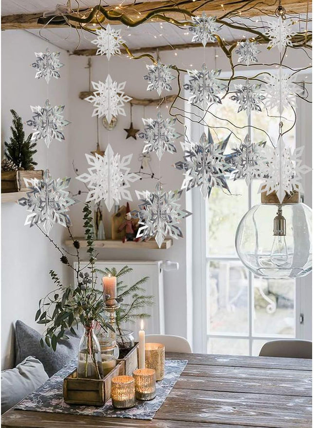 Crafare Christmas 3D Hanging Snowflakes Ornaments 3 Size 18PCS White Silver Snowflakes Hanging Garland for Winter Wonderland Holiday Year Party Home Decoration