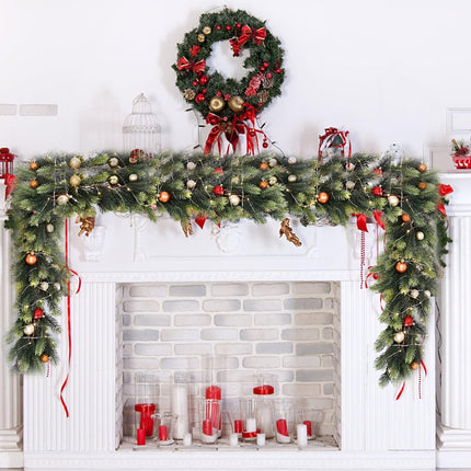 Aokia 6FT Christmas Garland Decoration,Artificial Pine Greenery Garland with 50 Led Lights and 24 Christmas Balls for Christmasy Table Fireplace Wall Home Decoration