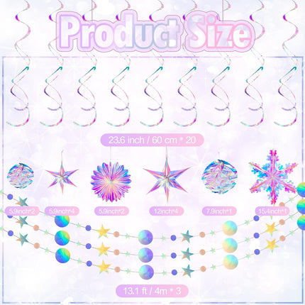 Jerify 37 Pieces Home Iridescent Holographic Garland Iridescent Party Supplies Kit Christmas Snowflake Hanging Honeycomb Ball Decorative Christmas Paper Fan Snowflake Garlands Star Hanging Swirl Disco