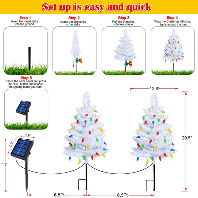 2 Pack White Christmas Tree Outdoor,Solar Powered Christmas Trees with 60 LED C6 Christmas Lights,Pre-lit Small Artificial Xmas Tree for Yard Porch Walkway Pathway Grave Cemetery Christmas Decorations