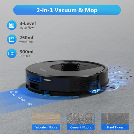 Tikom Robot Vacuum And Mop, L8000 Laser Lidar Navigation Robotic Vacuum, 3000Pa Suction, 150Mins Max, 45Db, 14 Nogo Zones, 20 Virtual Walls, Selfcharging, Good For Pet Hair, Carpet, Hard Floor