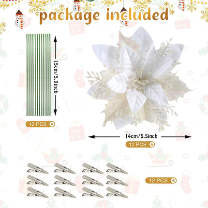 Poinsettia Christmas Decorations Flowers - 12Pcs Artificial Red Gold Poinsettia Christmas Tree Ornaments Glittery for Xmas Year Wedding Party Wreath DIY Garland Decor (White)