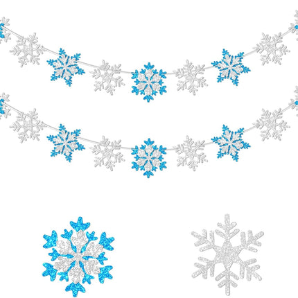 Glitter Frozen Snowflake Garland Decorations Banner Winter White and Blue Snowflakes Banner Decorations for Wonderland Frozen Party Decorations, Birthday and Christmas Deco
