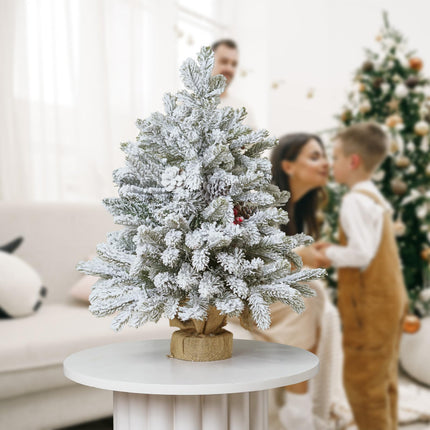 20 inch Mini Flocked Christmas Tree, Pre Lit Artificial Christmas Tree Snow Flocked Christmas Tree with Red Berries and Pinecones DIY Decorations Tabletop Christmas Tree