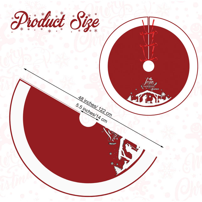 48 Inch Christmas Tree Skirt Nativity Scene Holy Family Xmas Tree Mat Jesus is The Reason for The Season Tree Skirt Pad Double Layer Round Tree Skirt for Christmas Holiday Jesus Party Decor (Red)