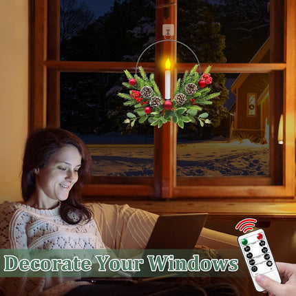 TURNMEON 15 Inch Christmas Front Door Wreaths with LED Candles & Timer Remote, Xmas Wreath with Xmas Ball Pinecone Red Berry Battery Operated Light up Christmas Window Mantel Holiday Home Decorations