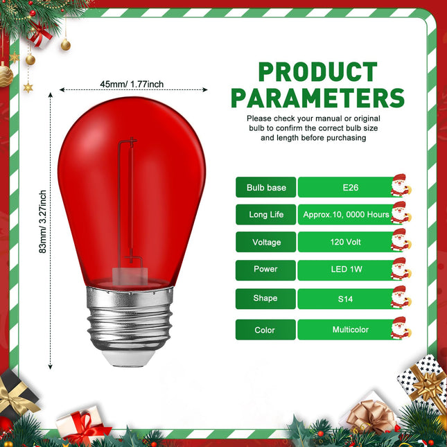 48 Pcs Christmas Colored LED String Light Bulbs Plastic Waterproof S14 Replacement Bulbs E26 Base 1 Watt LED Bulb for Indoor Outdoor String Lights Christmas Decoration(Multicolor)