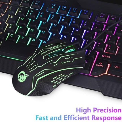 Multiple Color LED Rainbow Backlit Wired Gaming Keyboard and Mouse Combo, USB Ergonomic Computer Keyboard with 7 Colors 3600DPI 6 Button Mouse for PC Windows Mac Game and Work